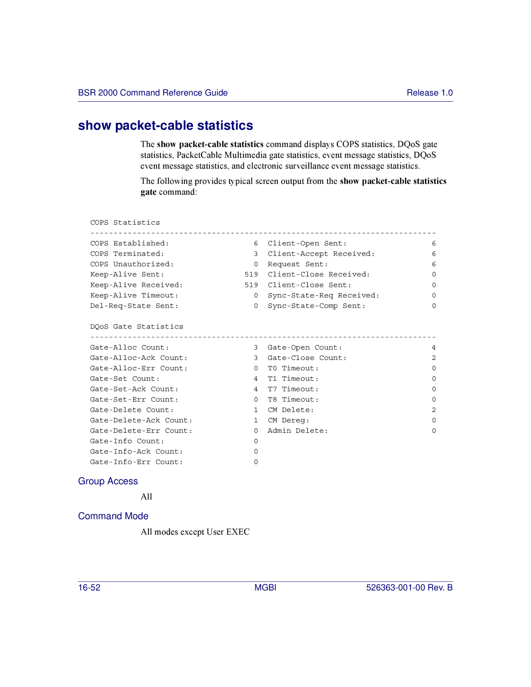 Motorola BSR 2000 manual Show packet-cable statistics 