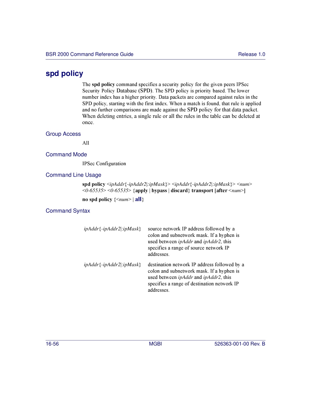 Motorola BSR 2000 manual Spd policy, No spd policy num all 