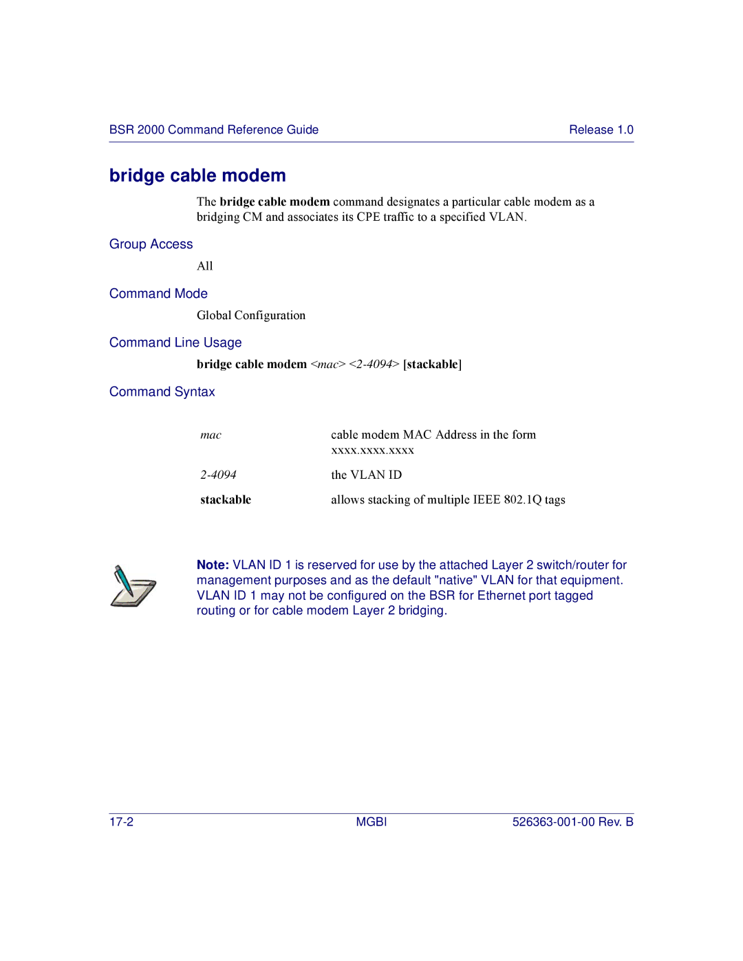 Motorola BSR 2000 manual Bridge cable modem mac 2-4094 stackable, Stackable 