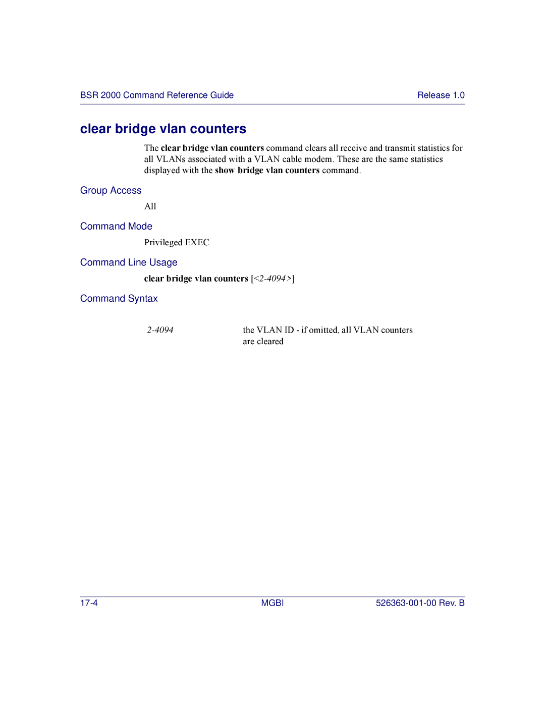 Motorola BSR 2000 manual Clear bridge vlan counters 