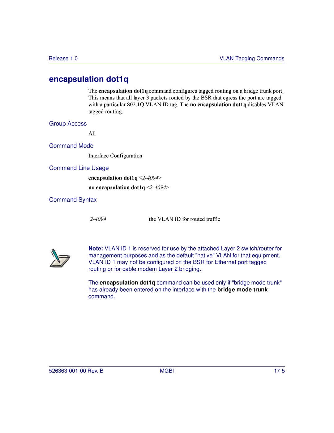 Motorola BSR 2000 manual Encapsulation dot1q 2-4094no encapsulation dot1q 