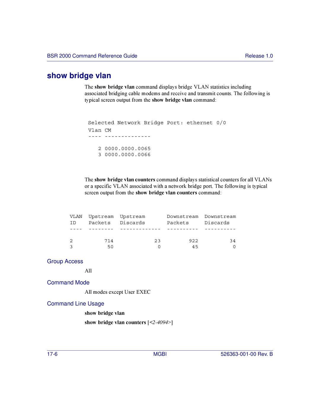 Motorola BSR 2000 manual Show bridge vlan Show bridge vlan counters 