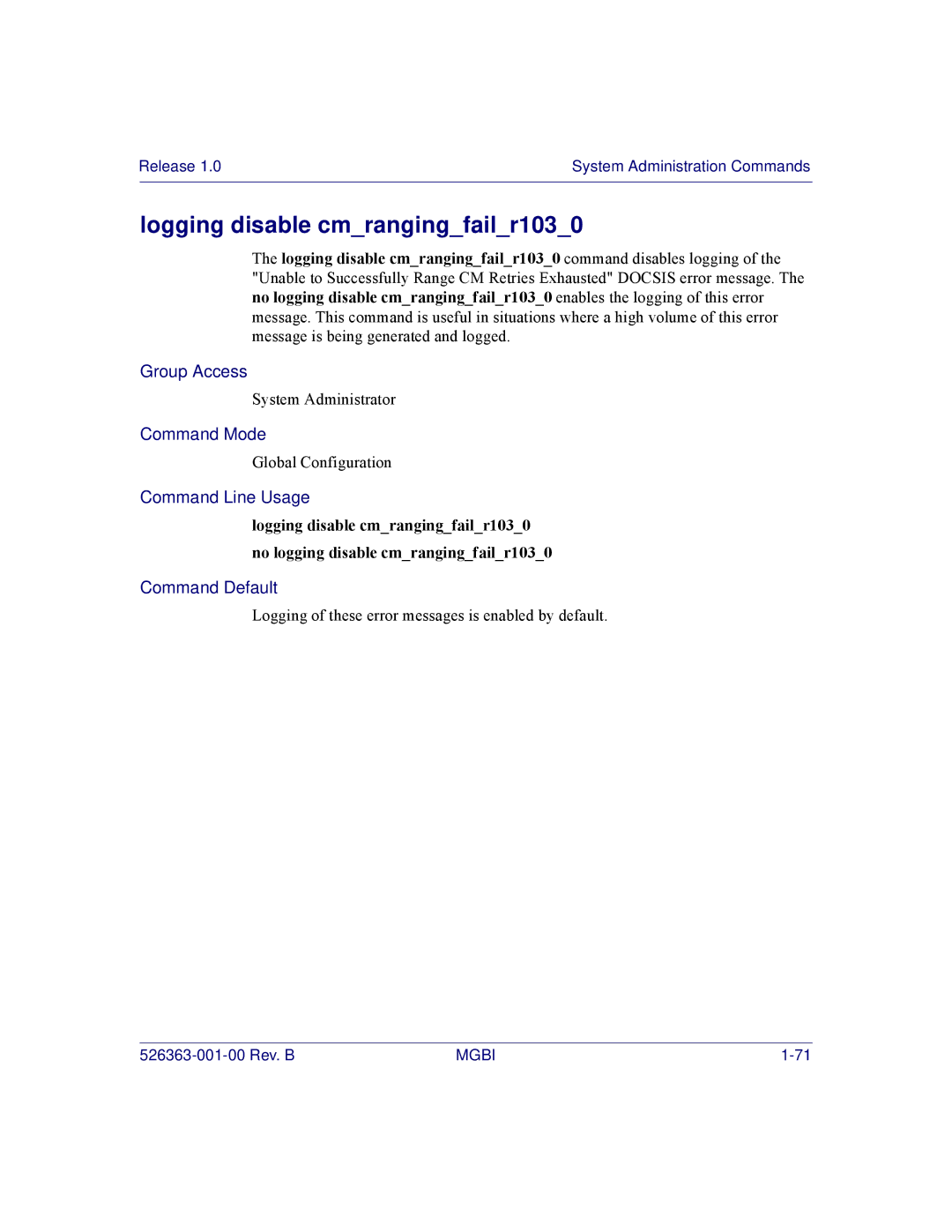 Motorola BSR 2000 manual Logging disable cmrangingfailr1030 