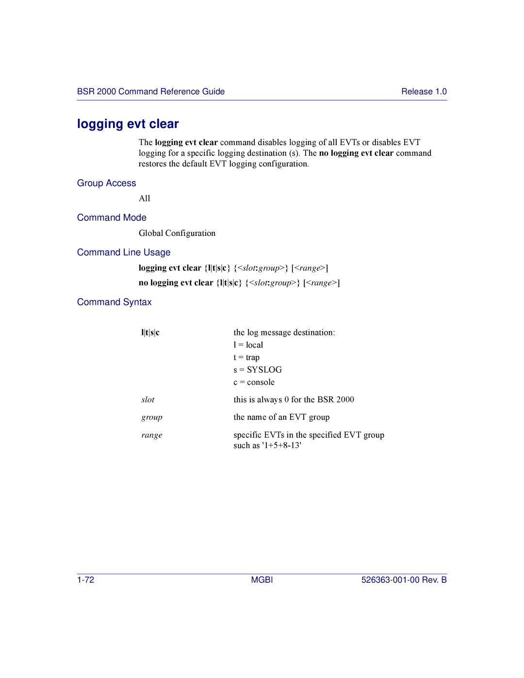 Motorola BSR 2000 manual Logging evt clear, S c 