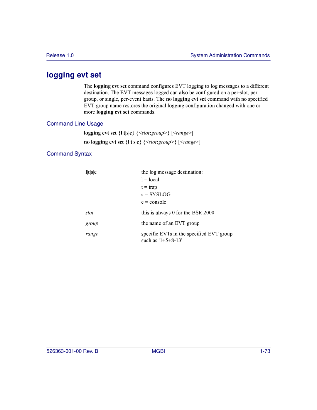 Motorola BSR 2000 manual Logging evt set 