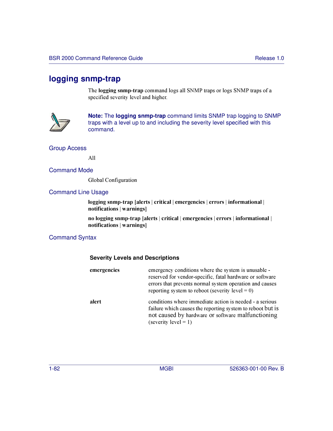 Motorola BSR 2000 manual Logging snmp-trap, Not caused by hardware or software malfunctioning 