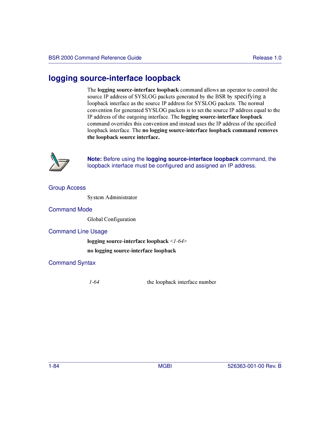 Motorola BSR 2000 manual Logging source-interface loopback 