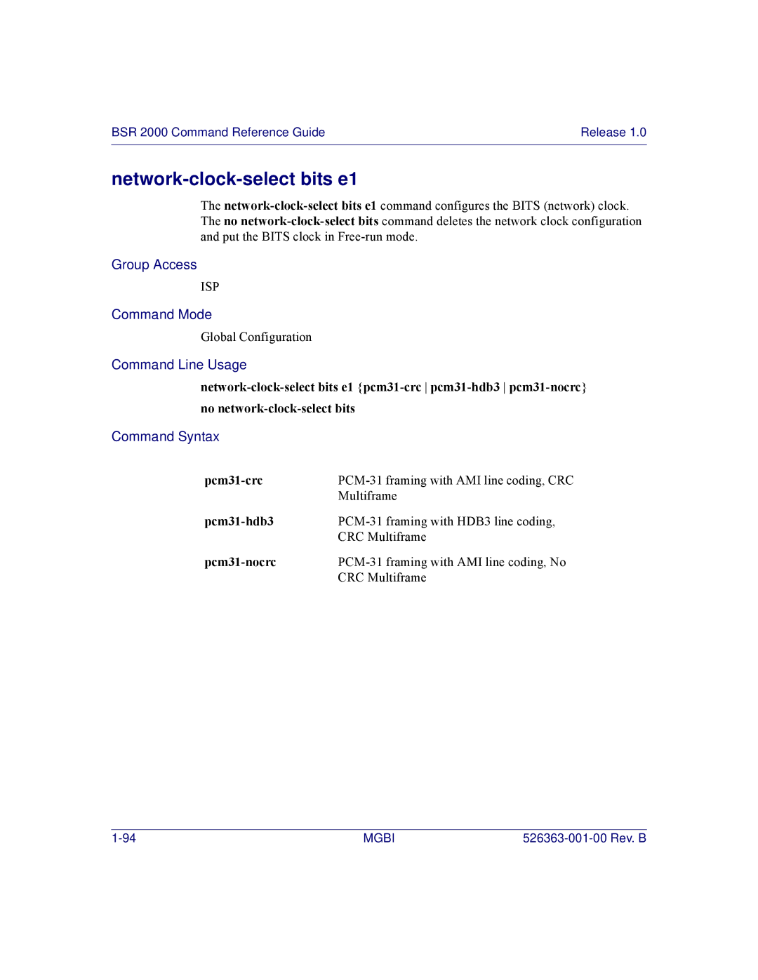 Motorola BSR 2000 manual Network-clock-select bits e1, Pcm31-crc, Pcm31-hdb3, Pcm31-nocrc 