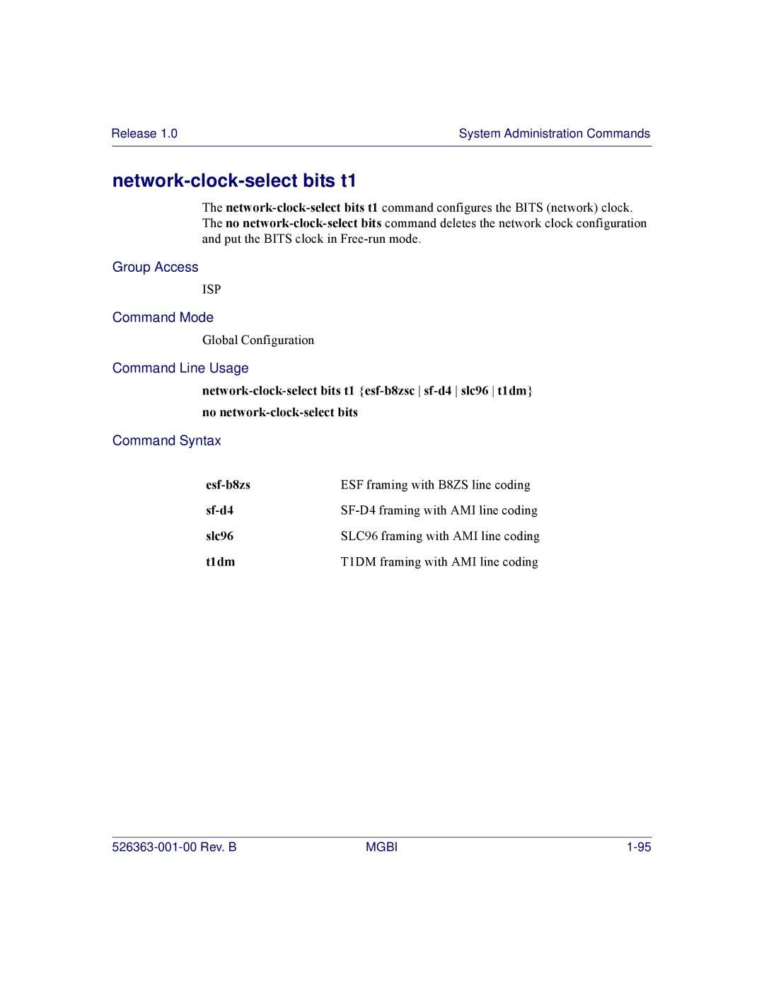 Motorola BSR 2000 manual Network-clock-select bits t1, Esf-b8zs ESF framing with B8ZS line coding Sf-d4, Slc96, T1dm 