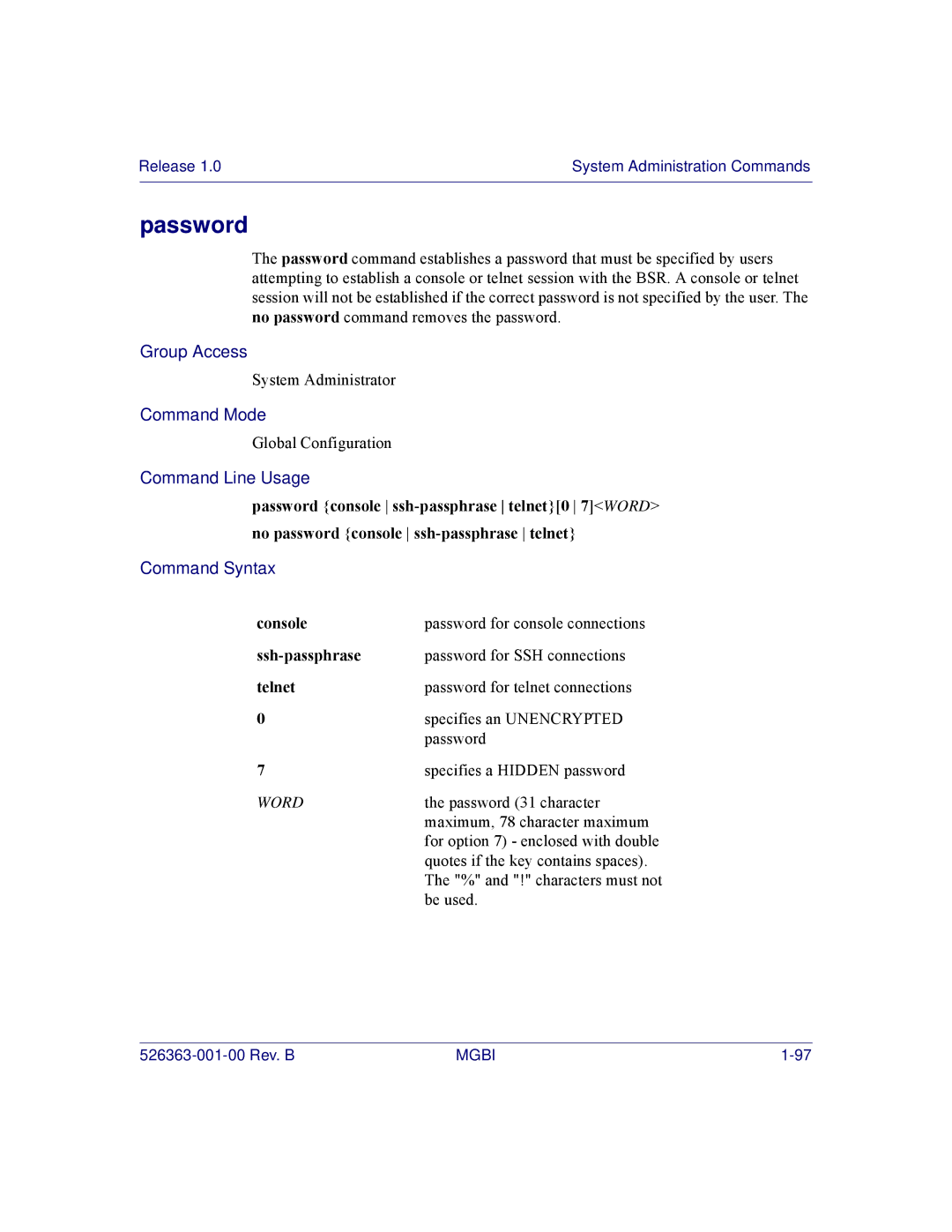 Motorola BSR 2000 manual Password, Console, Ssh-passphrase, Telnet 