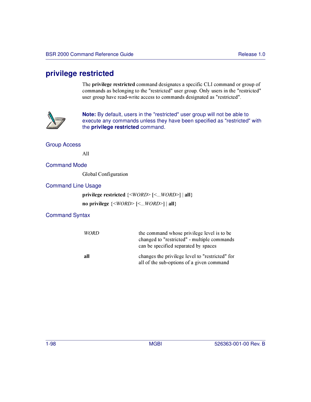 Motorola BSR 2000 manual Privilege restricted, All 