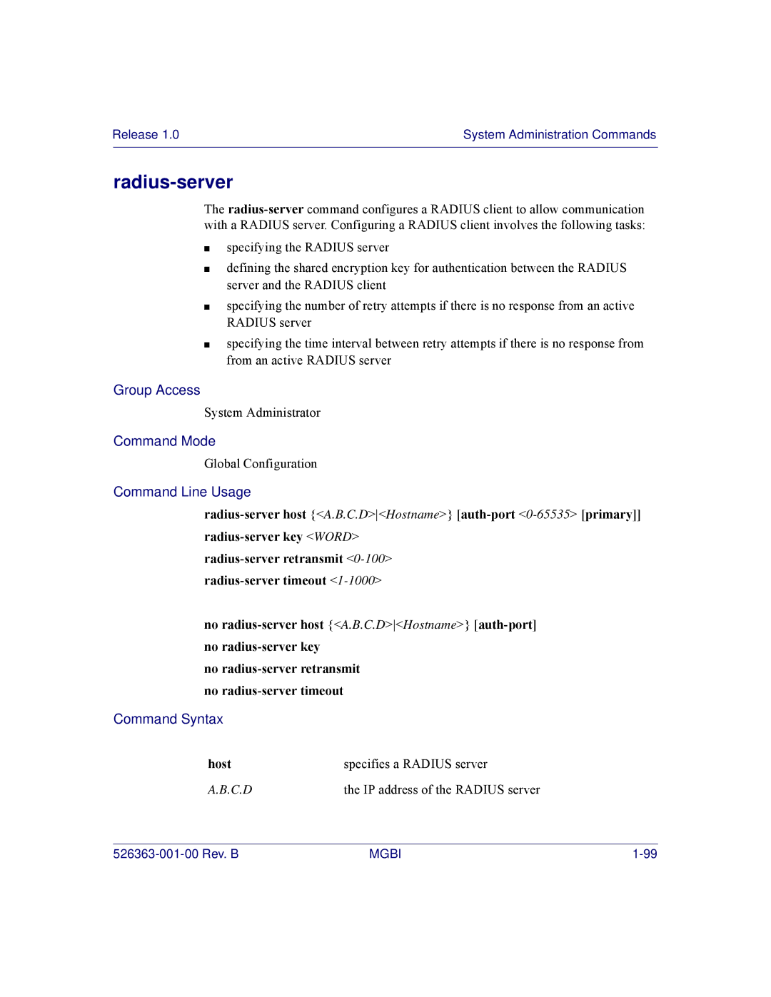 Motorola BSR 2000 manual Radius-server, Host 