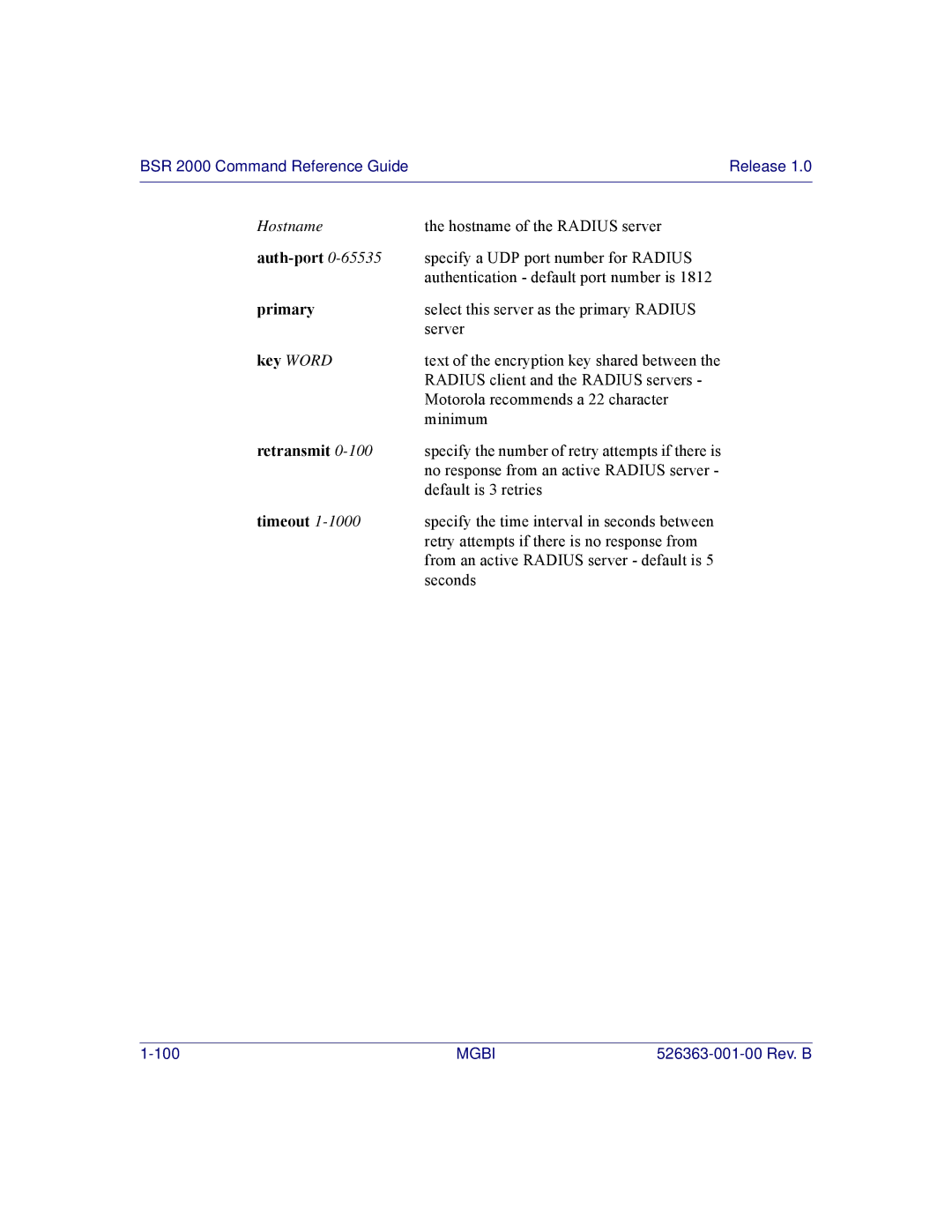 Motorola BSR 2000 manual Auth-port, Primary, Key Word, Retransmit, Timeout 