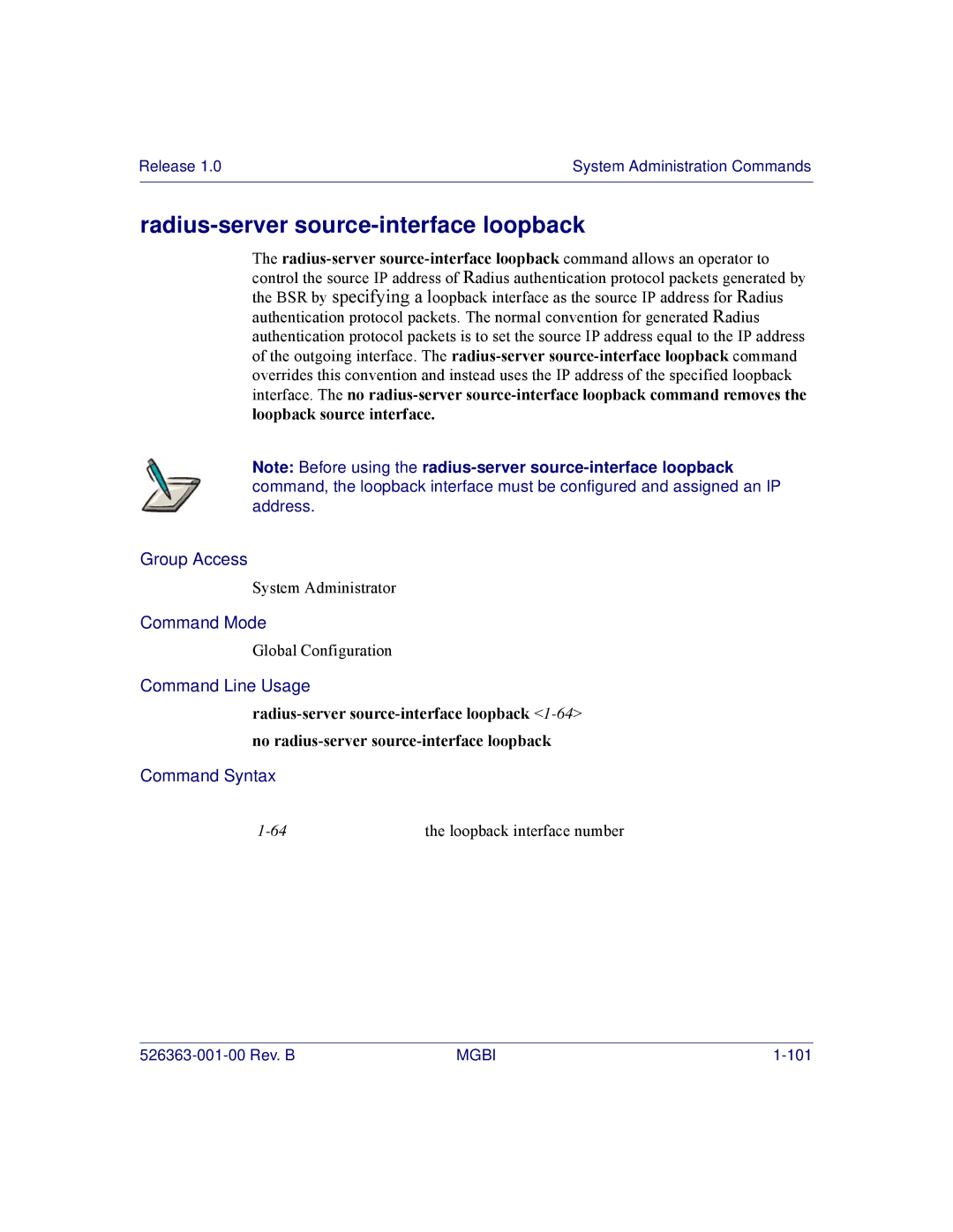 Motorola BSR 2000 manual Radius-server source-interface loopback 