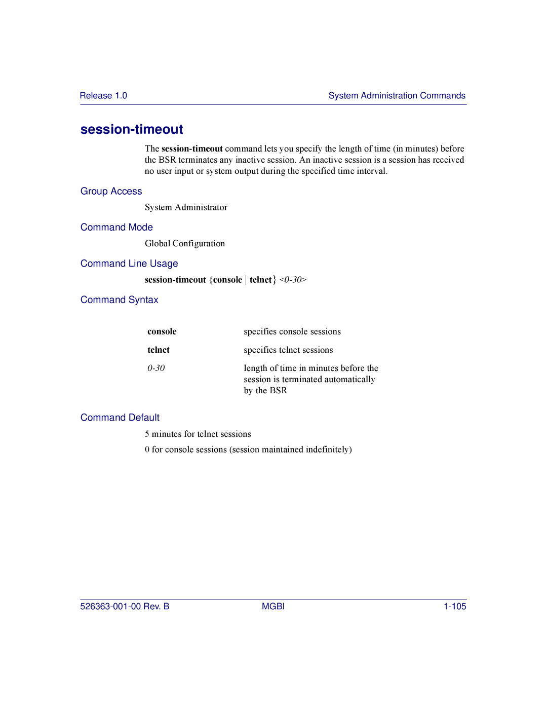 Motorola BSR 2000 manual Session-timeout console telnet 