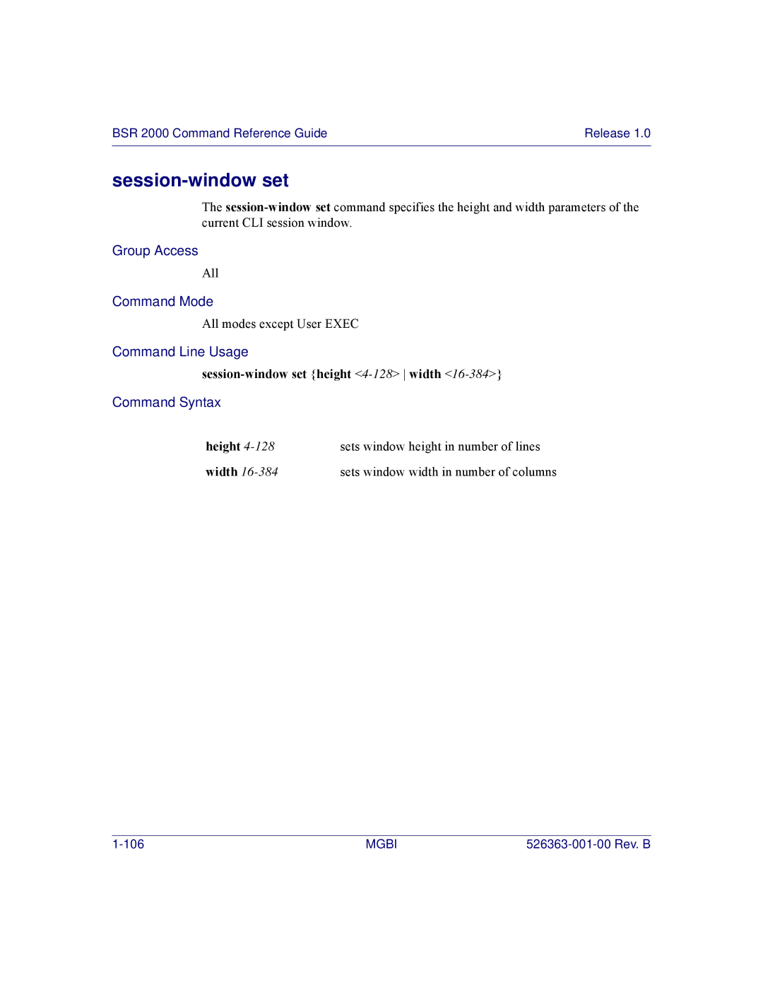 Motorola BSR 2000 manual Session-window set height 4-128 width, Height, Width 