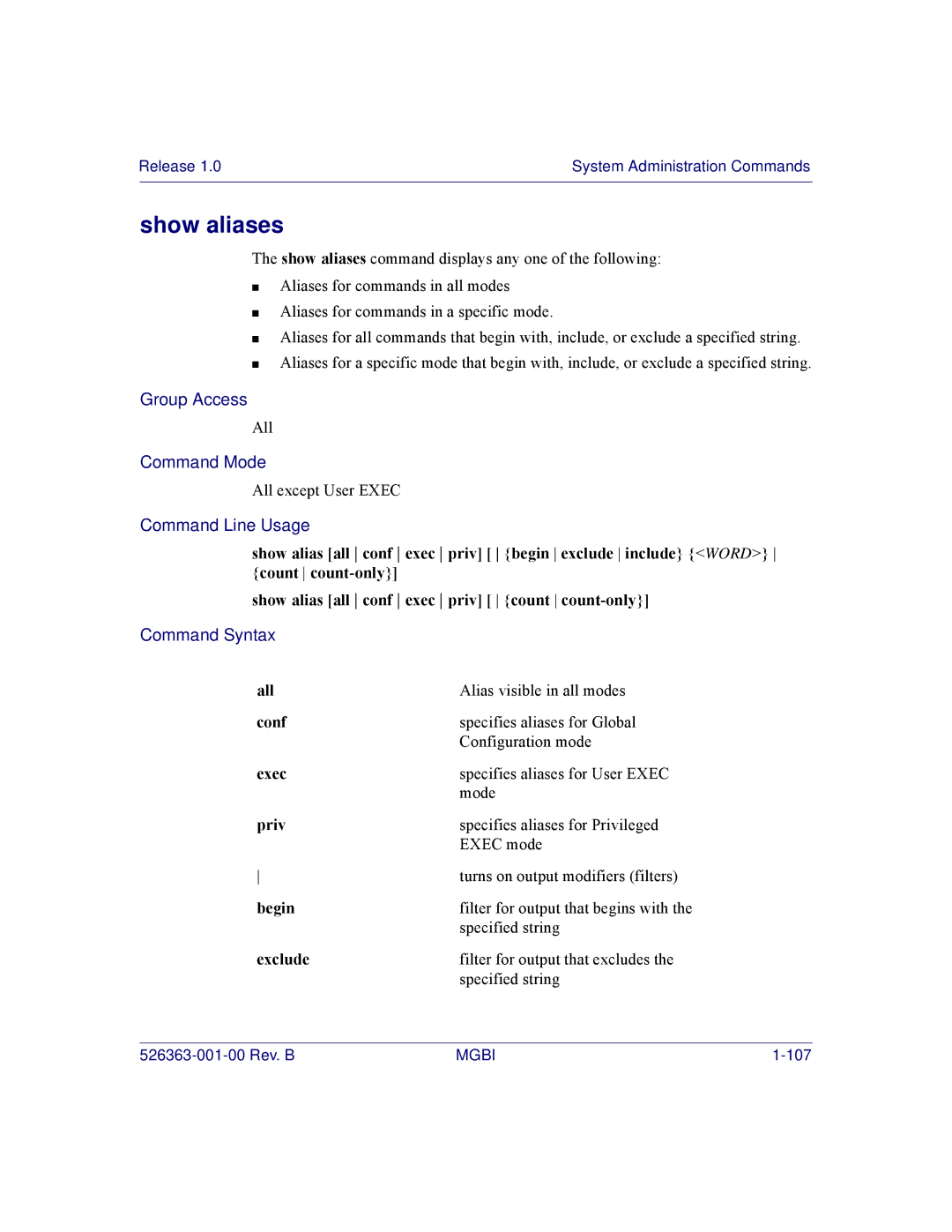 Motorola BSR 2000 manual Show aliases, Begin, Exclude 