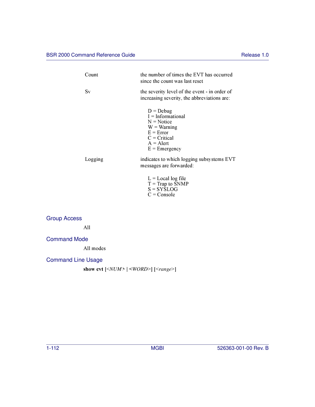 Motorola BSR 2000 manual Show evt NUM Word range 