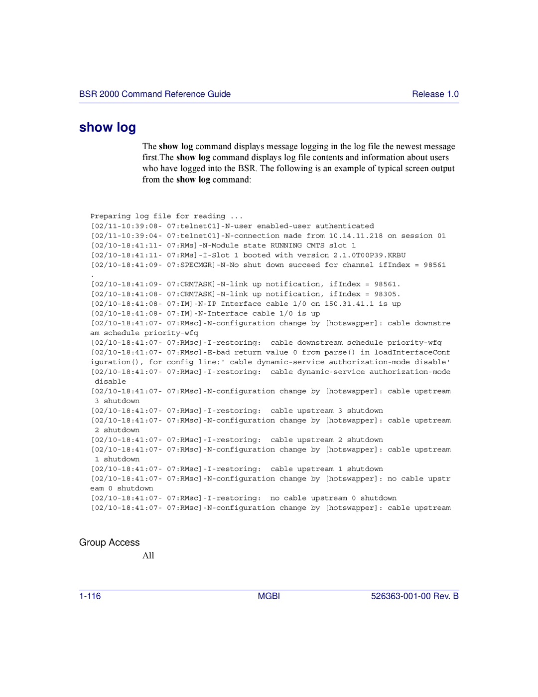 Motorola BSR 2000 manual Show log, Preparing log file for reading 