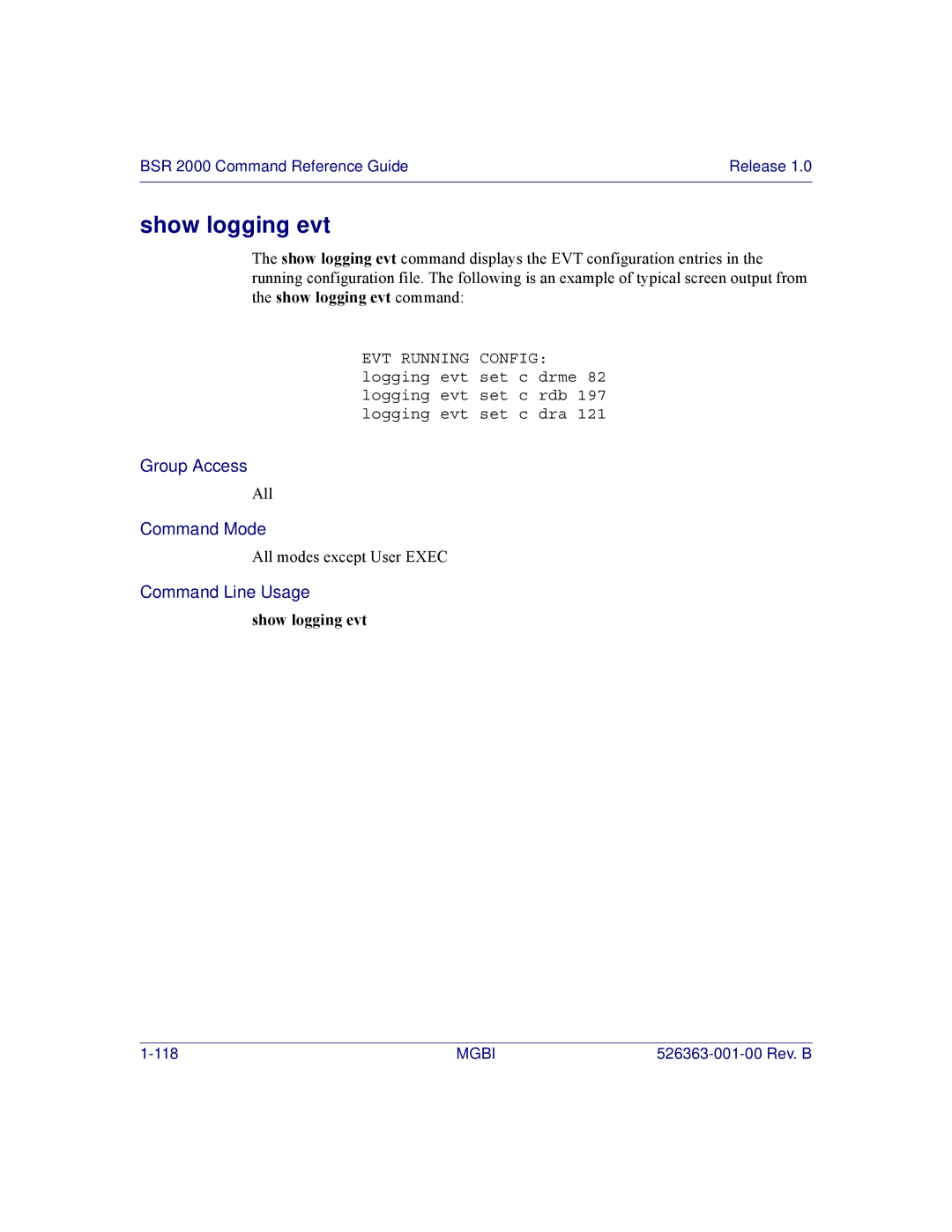 Motorola BSR 2000 manual Show logging evt 