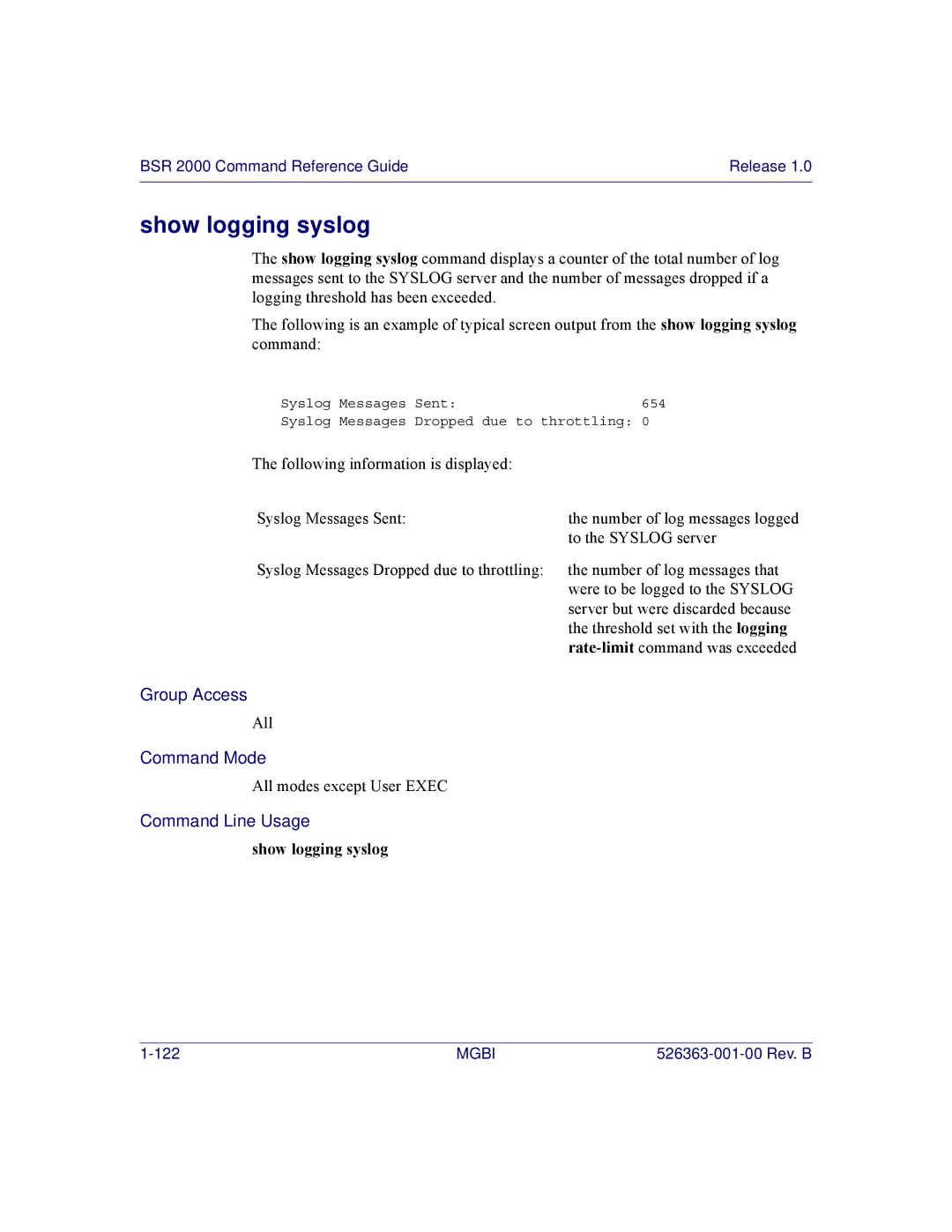 Motorola BSR 2000 manual Show logging syslog 