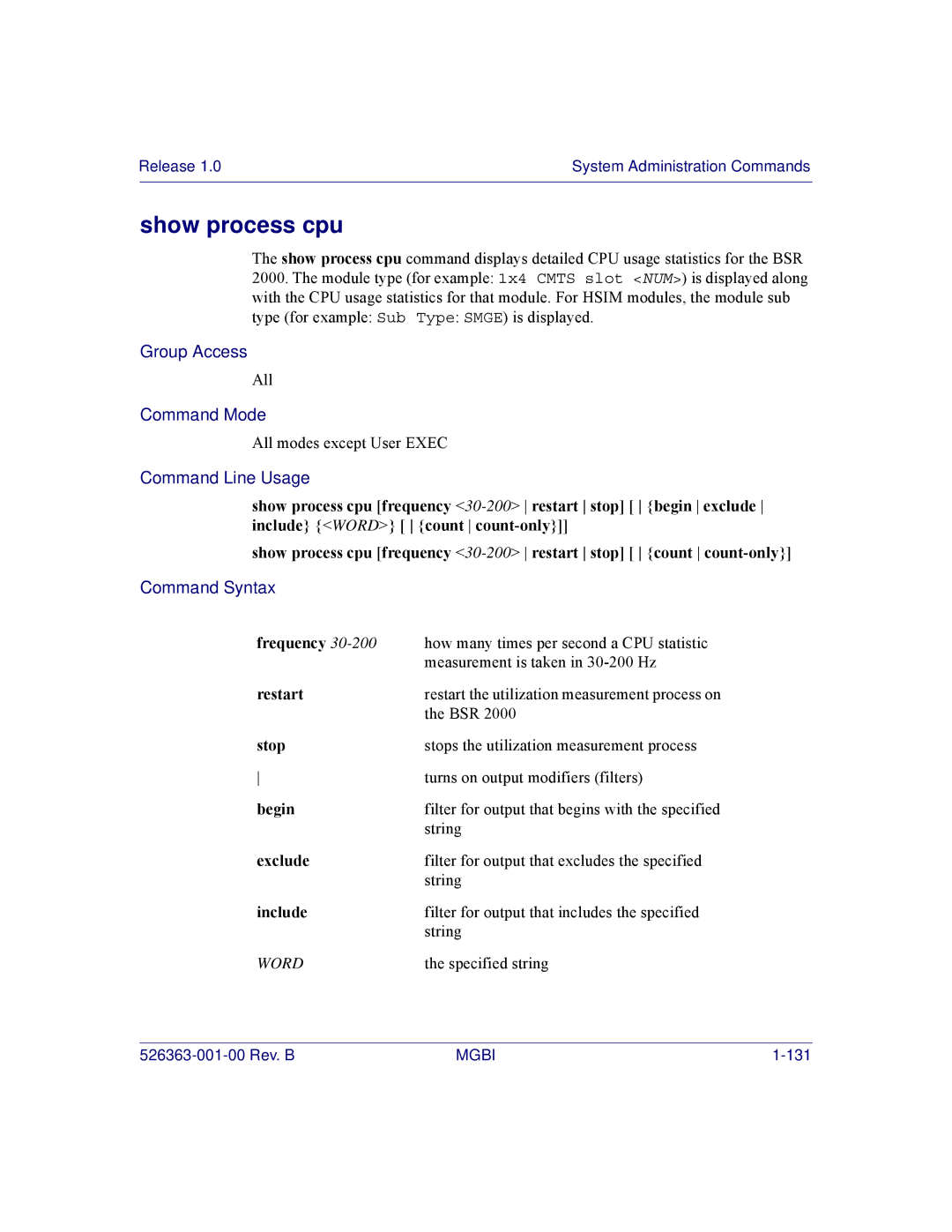 Motorola BSR 2000 manual Show process cpu, Frequency, Restart, Stop, Include 