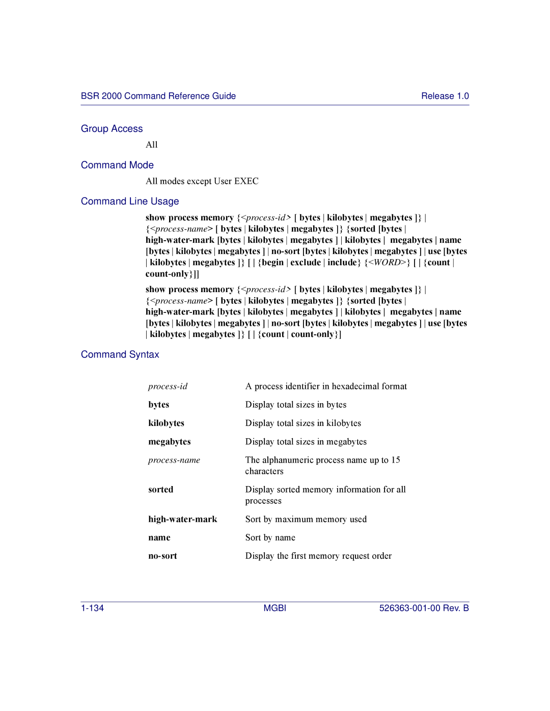 Motorola BSR 2000 manual Bytes, Kilobytes, Megabytes, Sorted, High-water-mark, Name, No-sort 