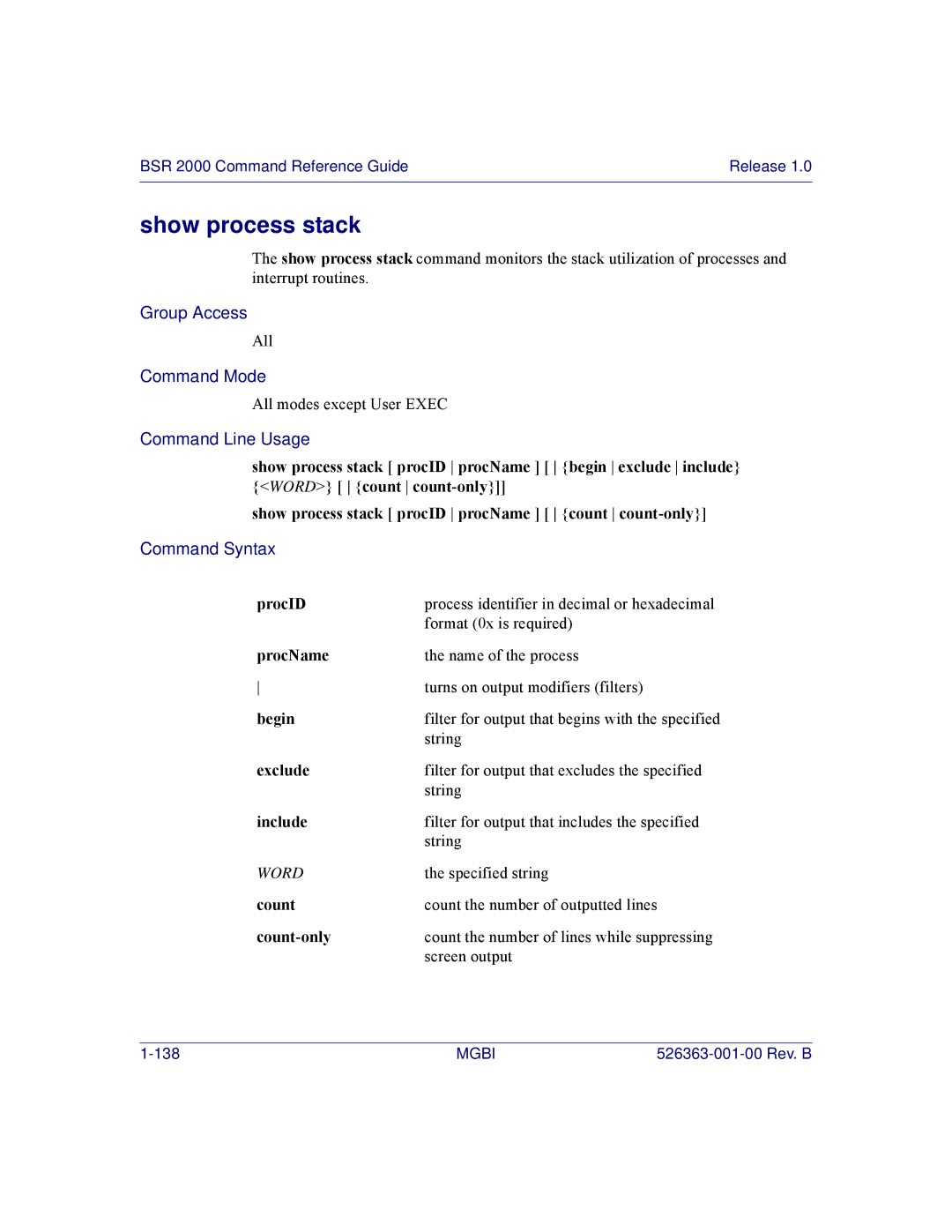 Motorola BSR 2000 manual Show process stack, ProcID, ProcName 