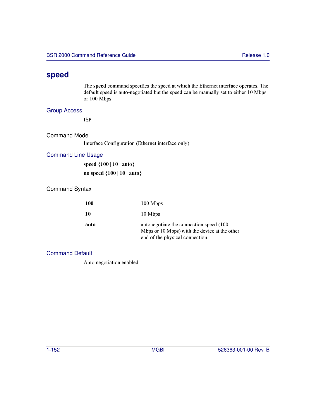 Motorola BSR 2000 manual Speed 100 10 auto no speed 100 10 auto 