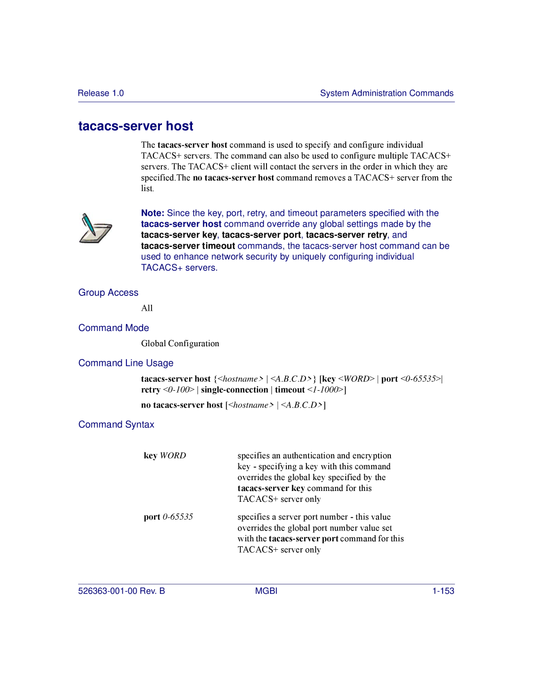 Motorola BSR 2000 manual Tacacs-server host, Tacacs-server key command for this 