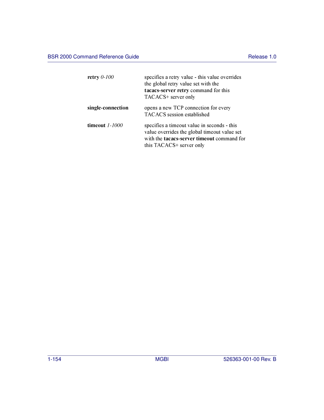 Motorola BSR 2000 manual Retry, Tacacs-server retry command for this, Single-connection 