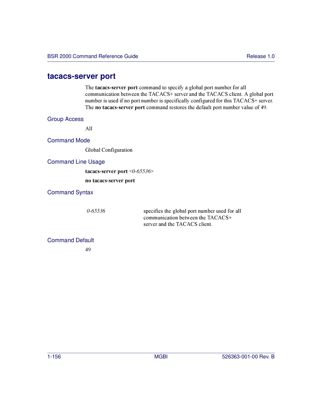 Motorola BSR 2000 manual Tacacs-server port 0-65536no tacacs-server port 