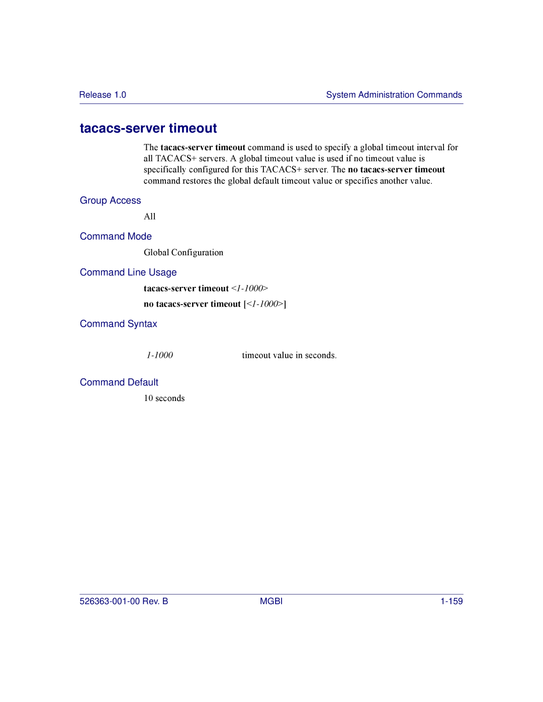 Motorola BSR 2000 manual Tacacs-server timeout No tacacs-server timeout 