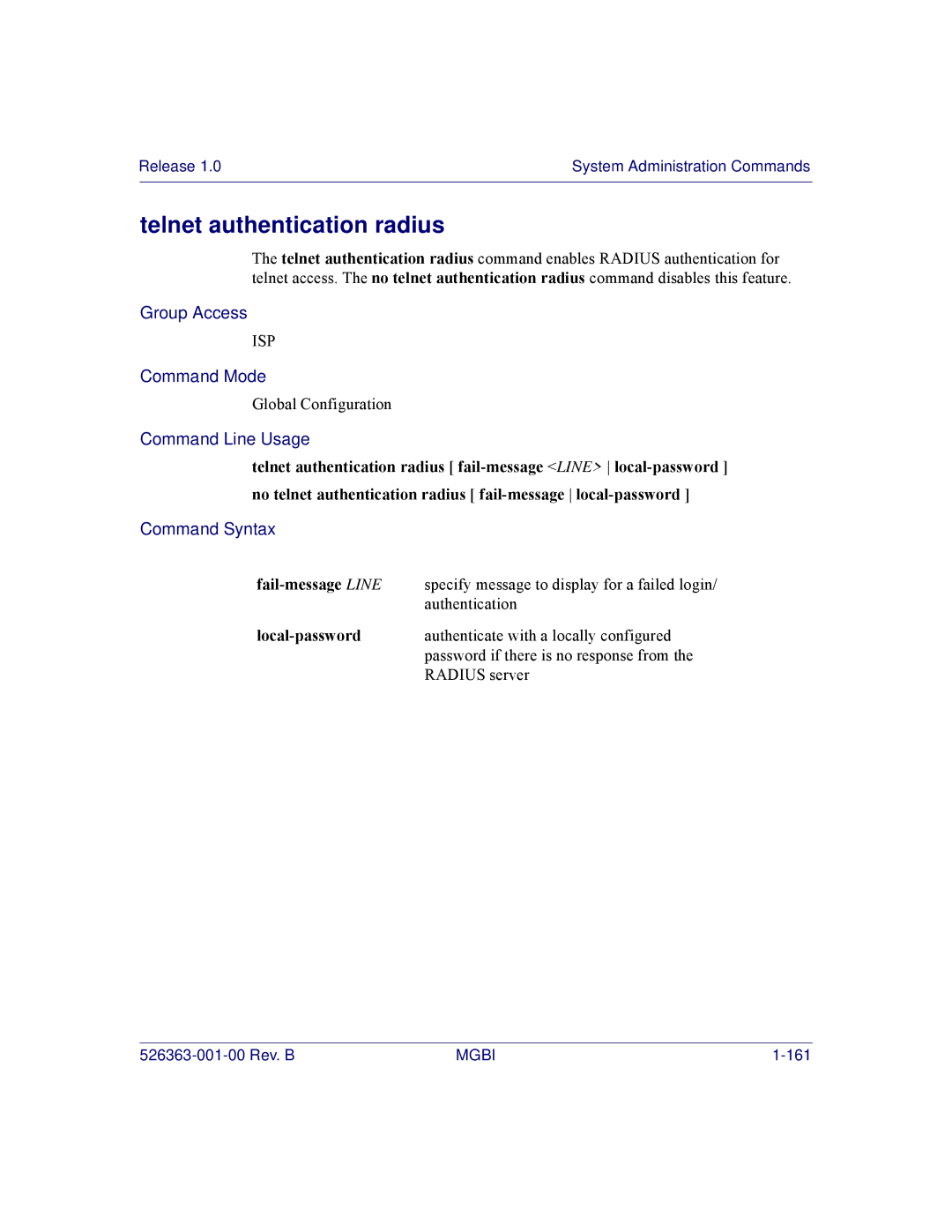 Motorola BSR 2000 manual Telnet authentication radius, Fail-message Line, Local-password 