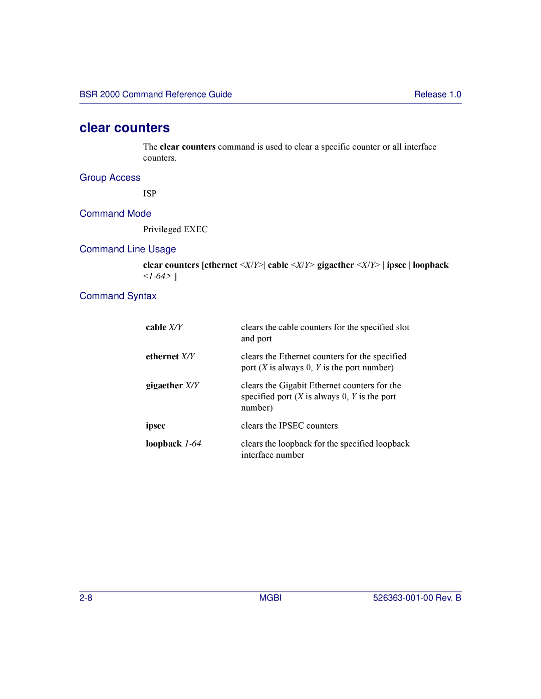 Motorola BSR 2000 manual Clear counters, Cable X/Y, Ethernet X/Y, Gigaether X/Y, Ipsec 