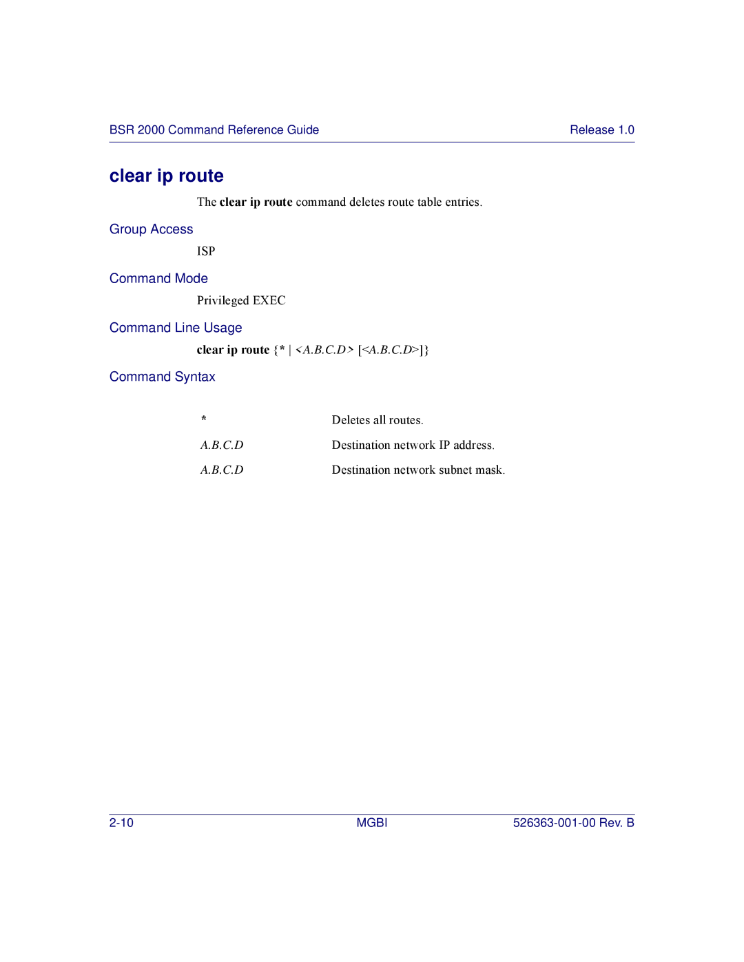 Motorola BSR 2000 manual Clear ip route * A.B.C.D A.B.C.D 