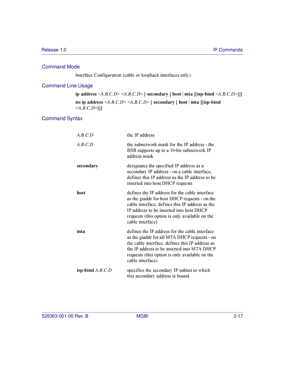 Motorola BSR 2000 manual Secondary, Mta, Isp-bind A.B.C.D 