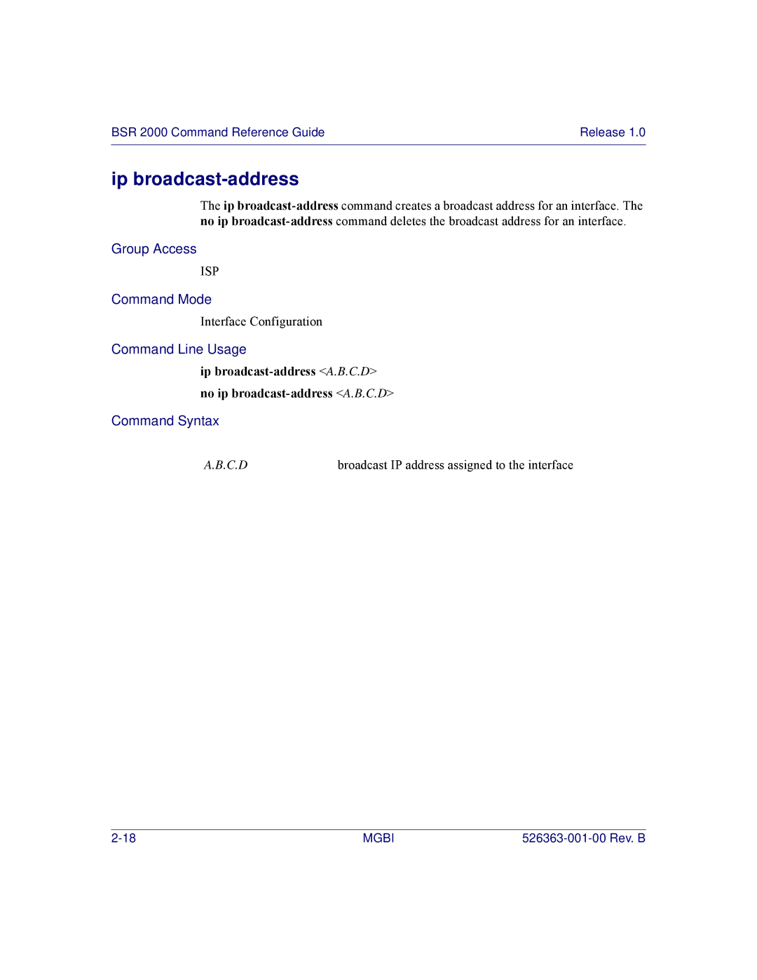 Motorola BSR 2000 manual Ip broadcast-address A.B.C.D no ip broadcast-address A.B.C.D 