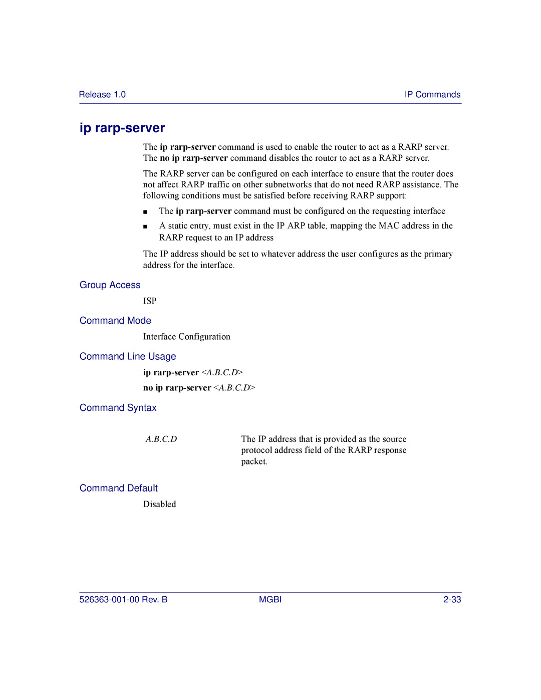 Motorola BSR 2000 manual Ip rarp-server A.B.C.D no ip rarp-server A.B.C.D 