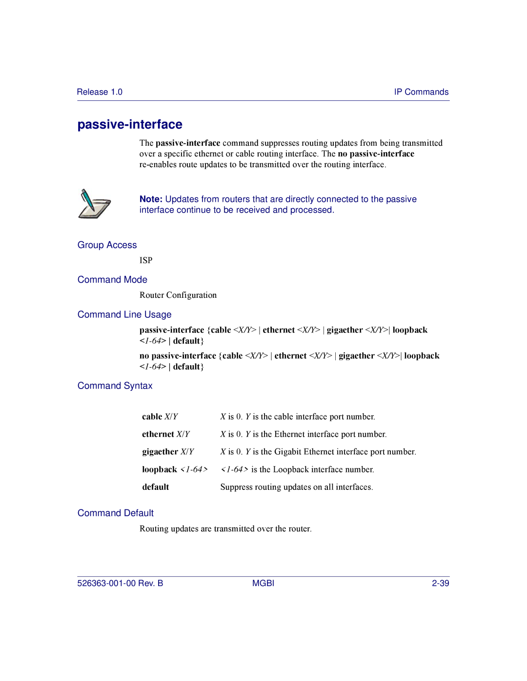 Motorola BSR 2000 manual Passive-interface, Cable X/Y ethernet X/Y gigaether X/Y loopback 1-64default 