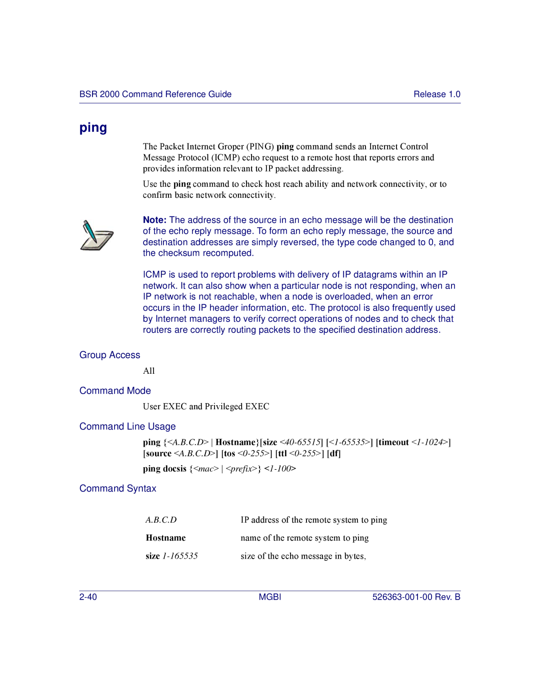 Motorola BSR 2000 manual Ping, Hostname 