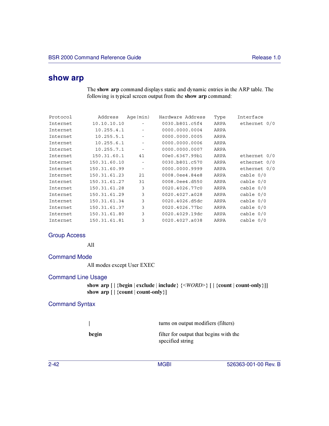 Motorola BSR 2000 manual Show arp, Turns on output modifiers filters, Specified string 