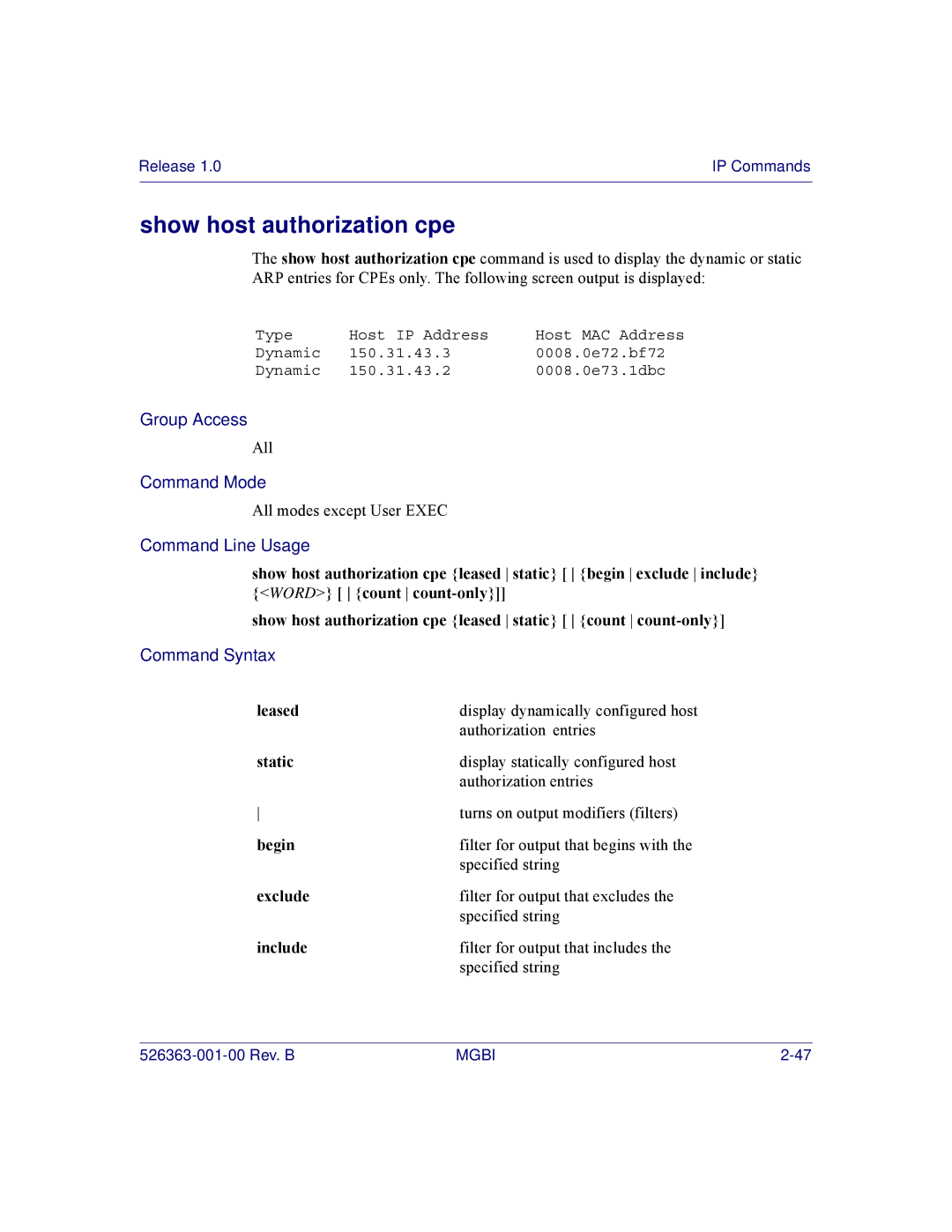 Motorola BSR 2000 manual Show host authorization cpe, Leased, Static 