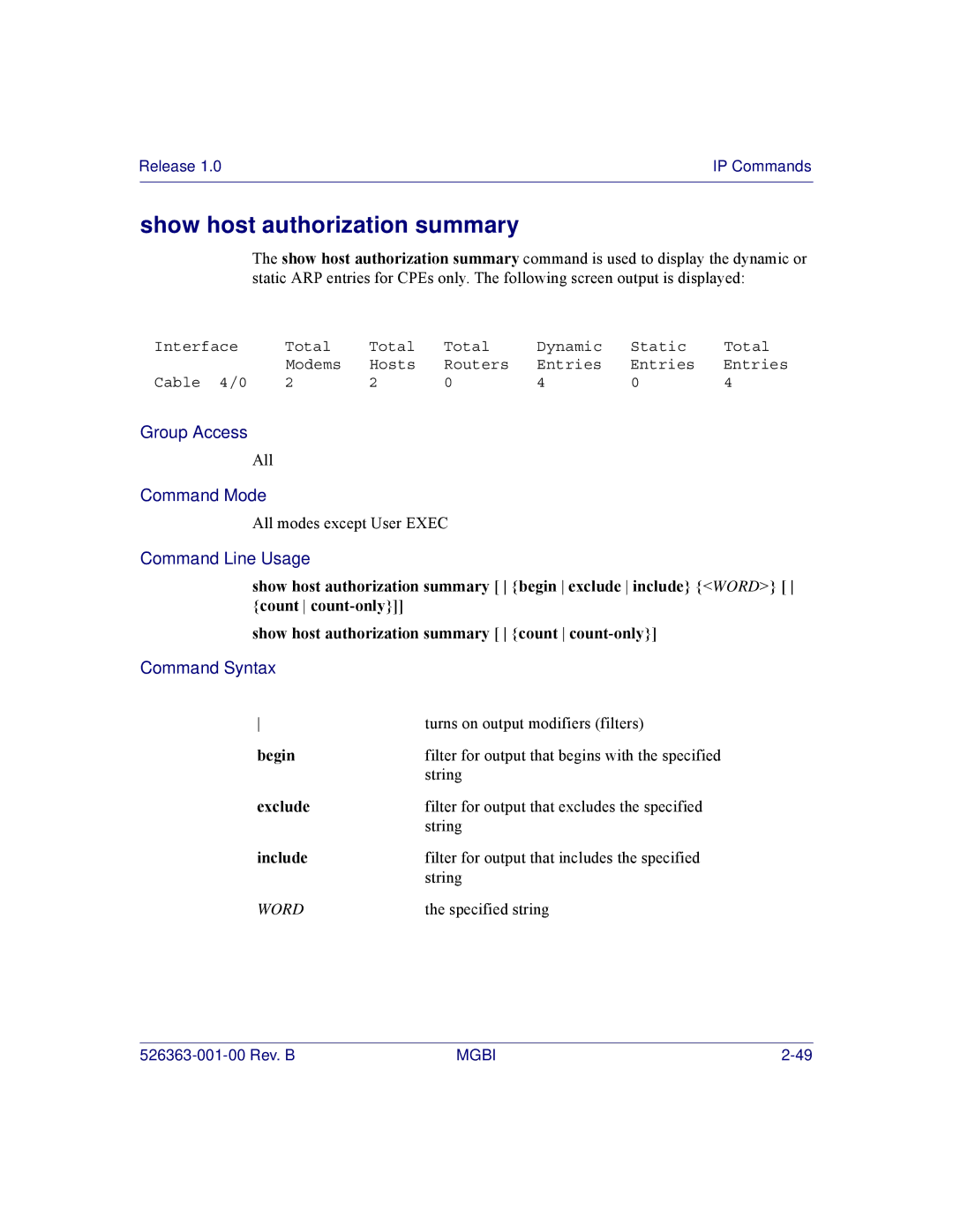 Motorola BSR 2000 manual Show host authorization summary 