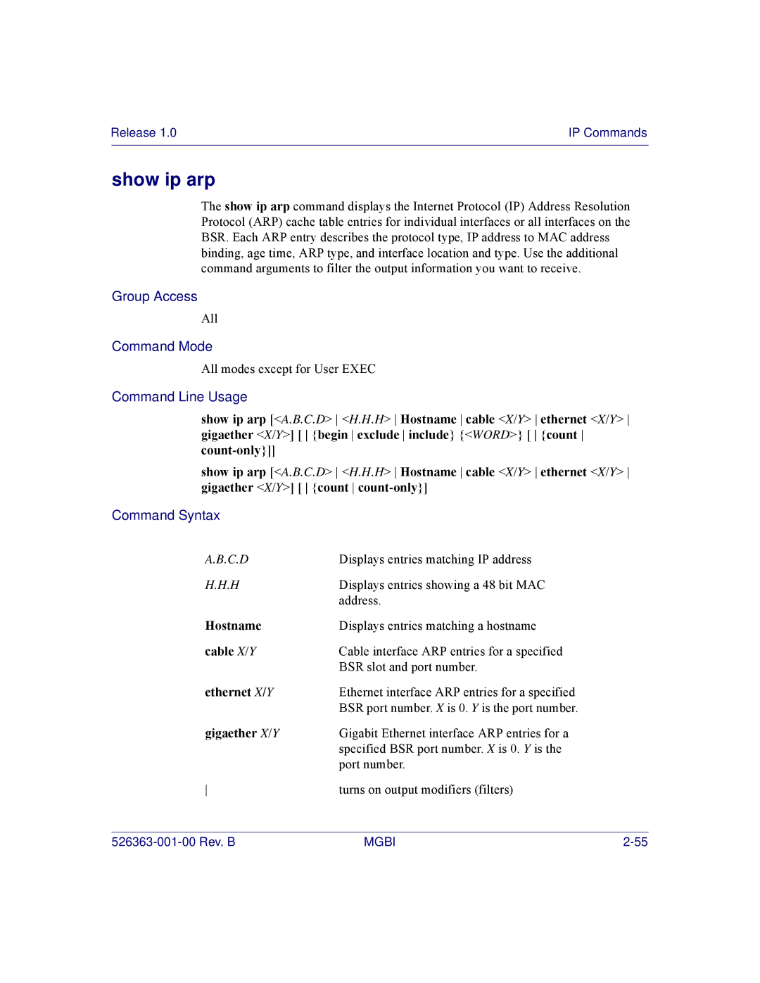 Motorola BSR 2000 manual Show ip arp, Cable X / Y, Ethernet X/ Y, Gigaether X / Y 