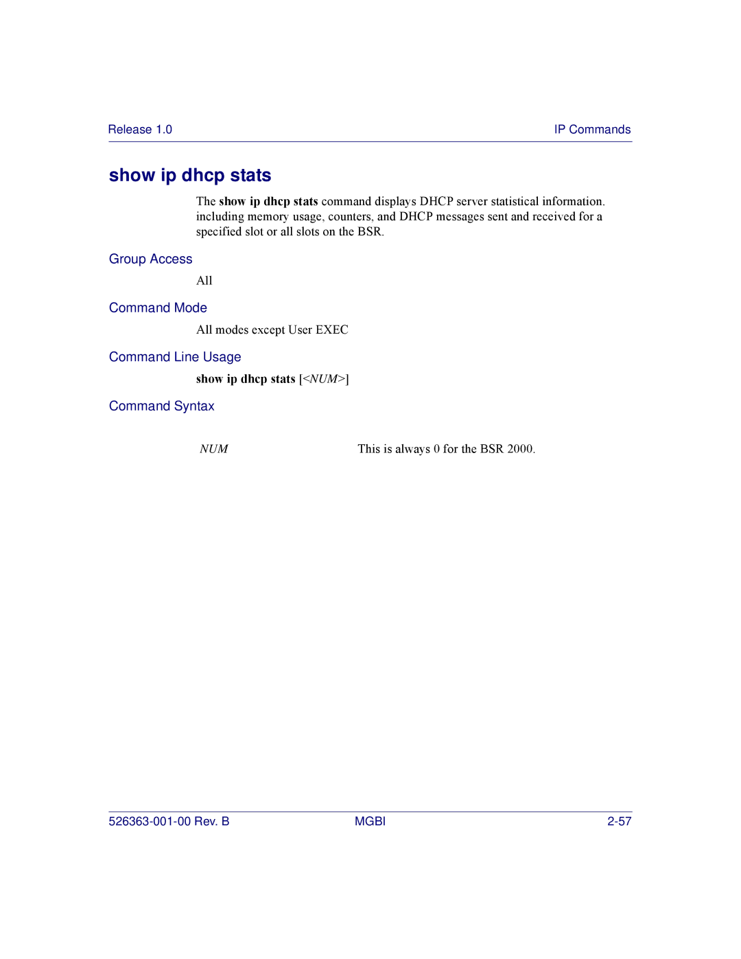 Motorola BSR 2000 manual Show ip dhcp stats NUM 