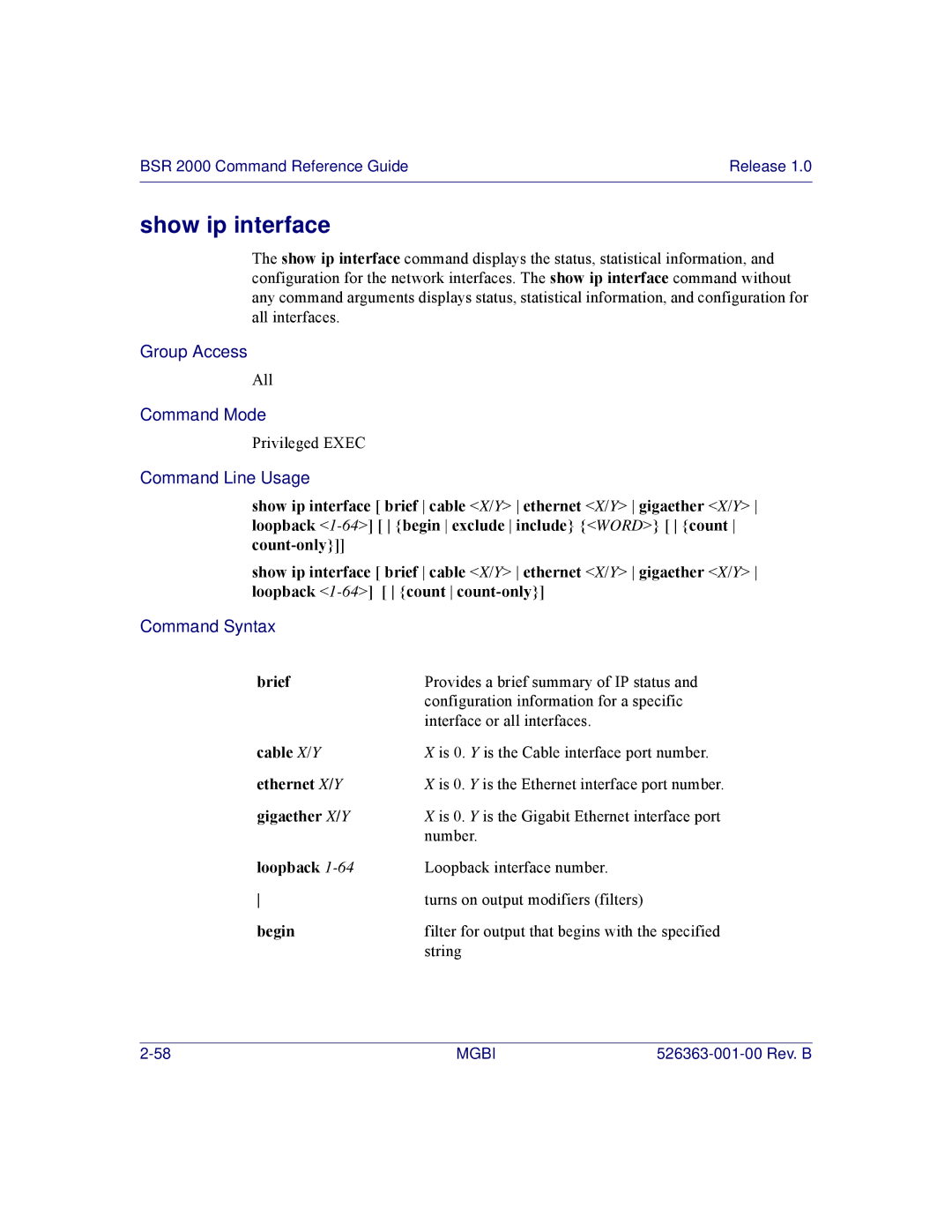 Motorola BSR 2000 manual Show ip interface, Brief, Ethernet X/ Y, Gigaether X/ Y 