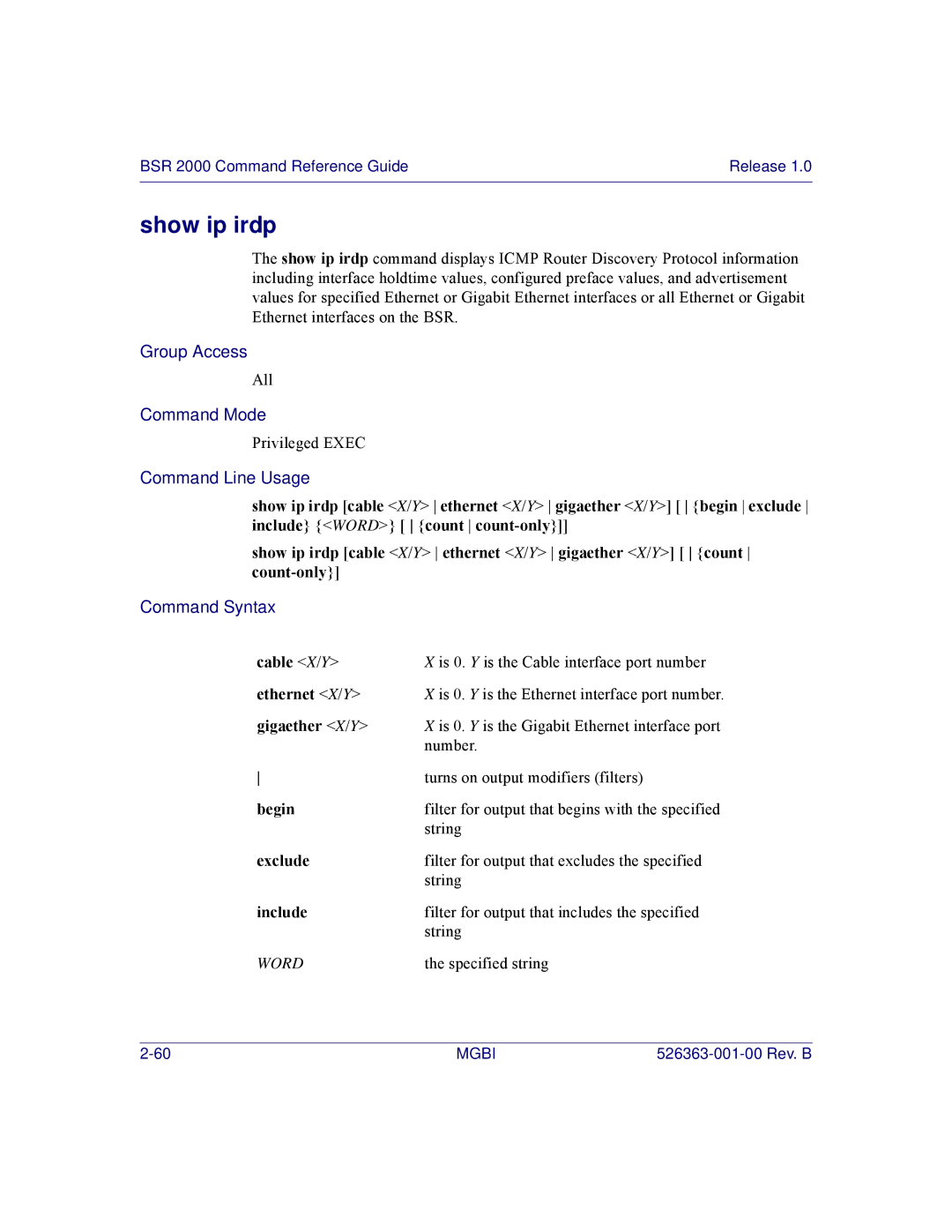 Motorola BSR 2000 manual Show ip irdp, Cable X/Y ethernet X/Y gigaether X/Y Begin Exclude Include 