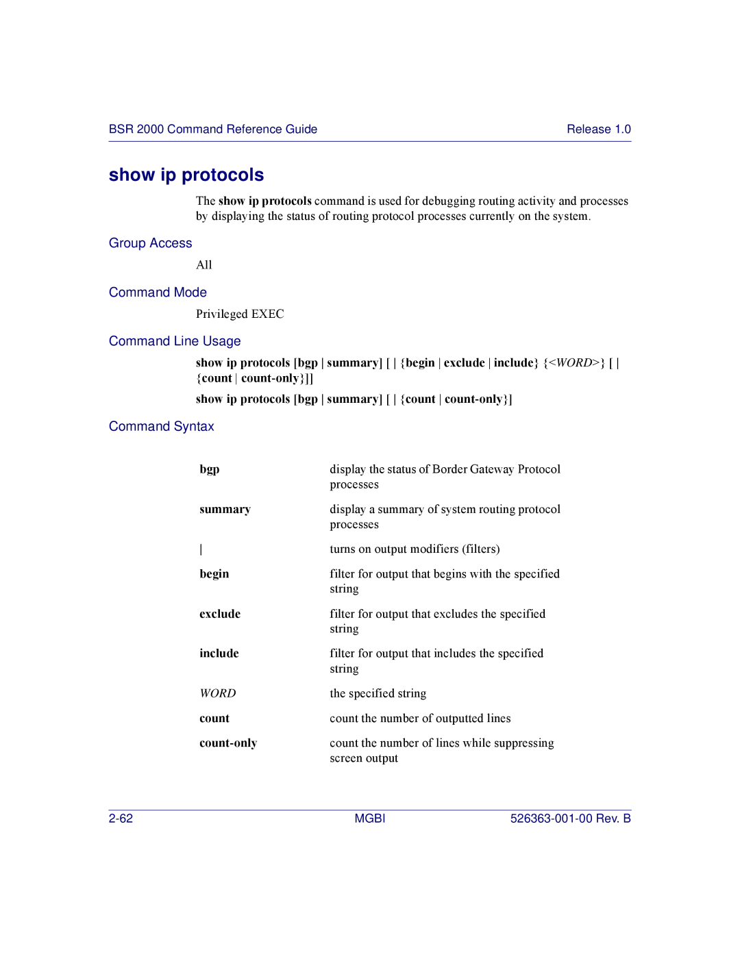 Motorola BSR 2000 manual Show ip protocols, Summary 