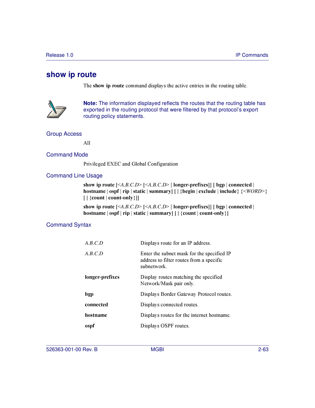 Motorola BSR 2000 manual Show ip route, Longer-prefixes, Bgp, Connected, Ospf 